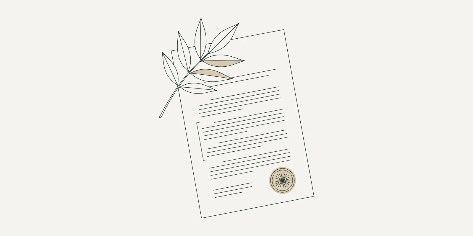 Fine-line drawing of a license contract with a seal and an ash sprig