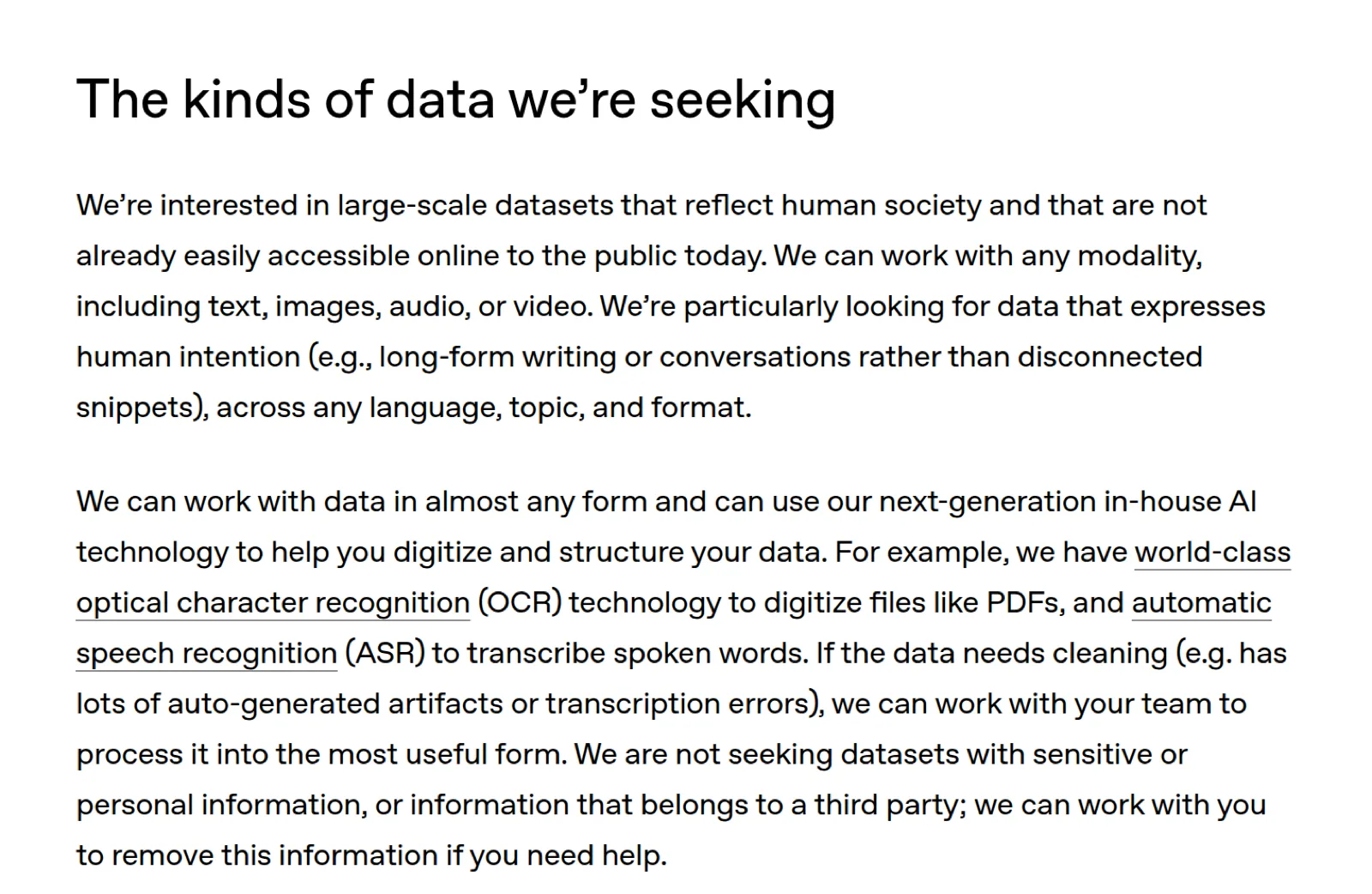 OpenAI Data Partnerships page describing the kinds of data OpenAI seeks for AI training