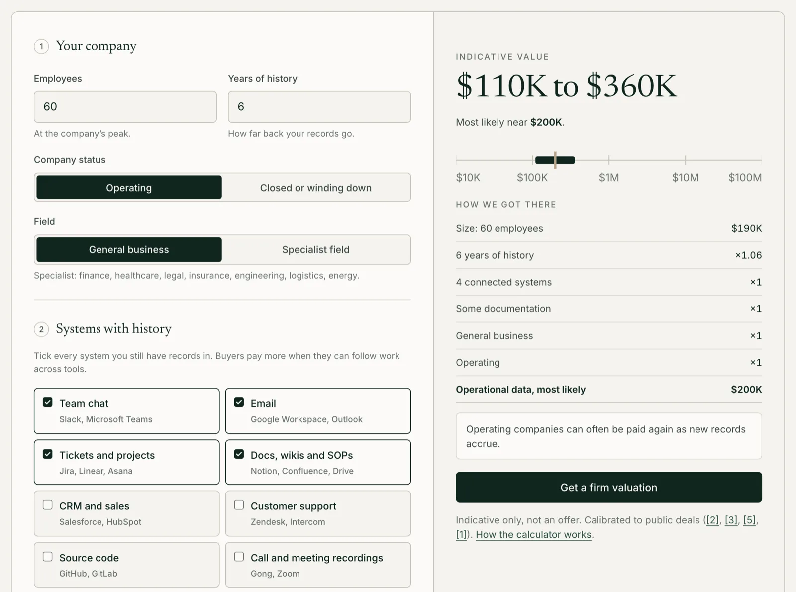 Ashgrove company data value calculator showing a value range and its factors for a 60-person company with 6 years of history and 4 systems