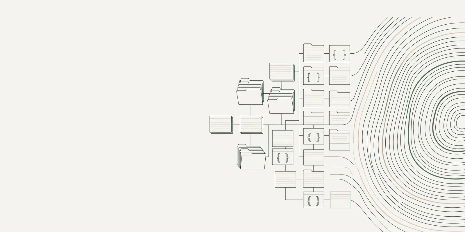 Fine-line drawing of archived company records flowing into tree rings
