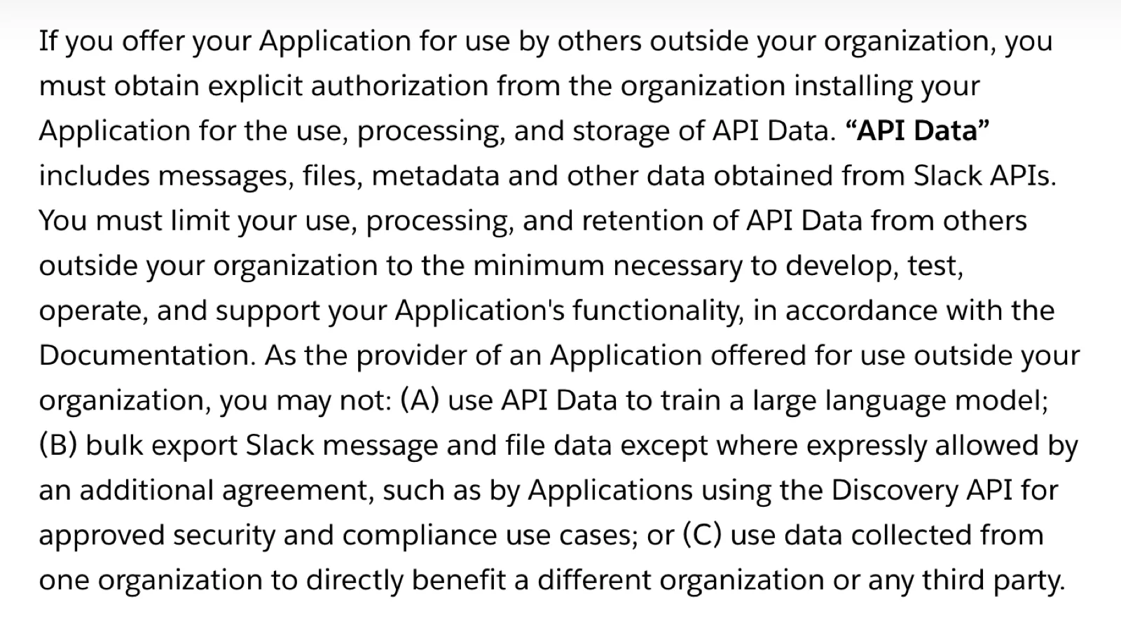 Slack API Terms of Service paragraph barring apps offered outside an organization from training a large language model on API data or bulk exporting messages