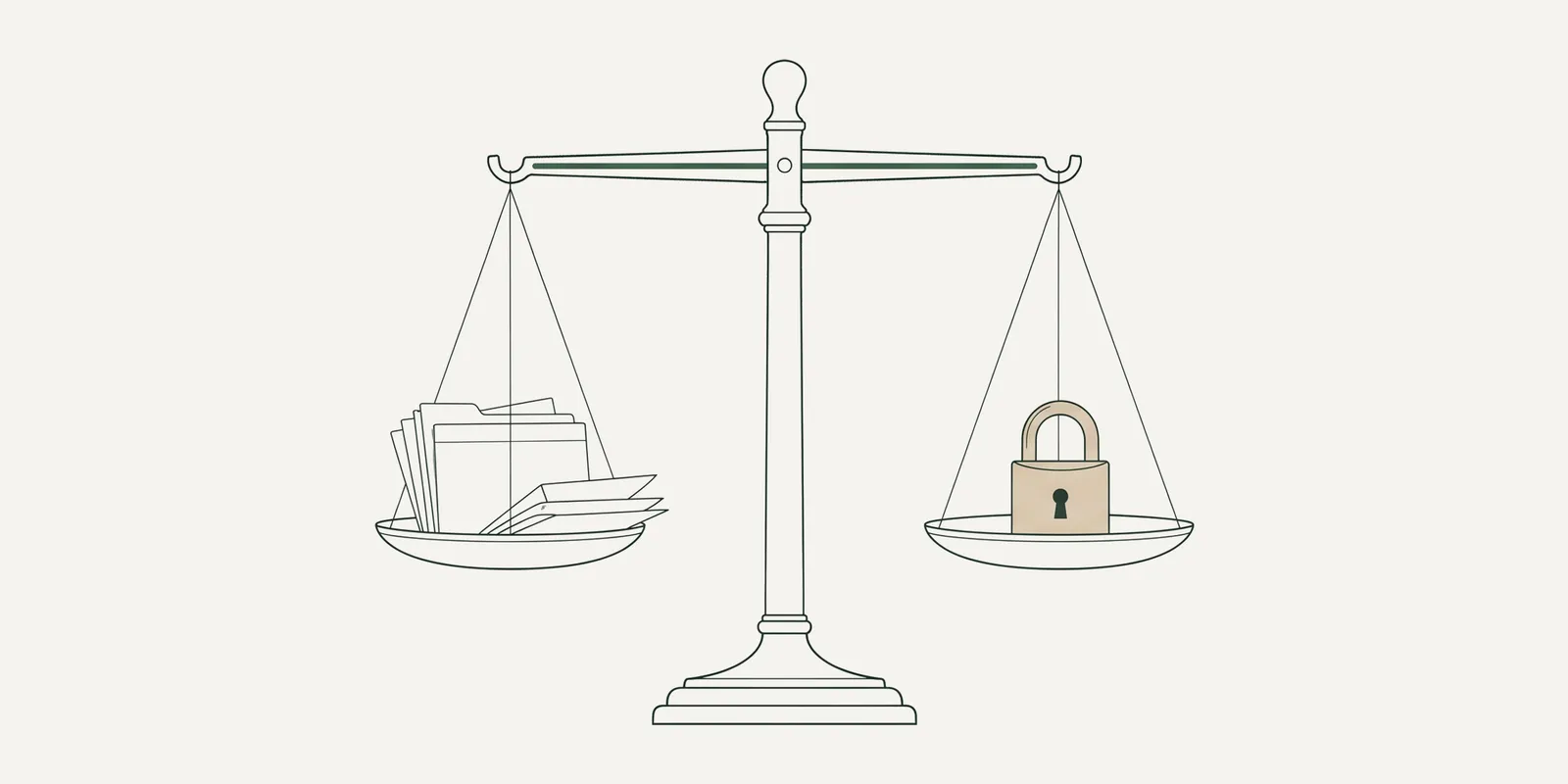 Fine-line drawing of a balance scale weighing a stack of company records against a padlock